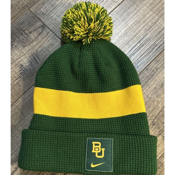 Baylor Bears Green Yellow Pom Beanie Nike Football Sideline Cuffed NCAA - Picture 1 of 4